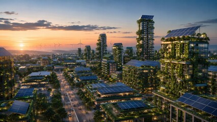 Obraz premium Sustainable cityscape at sunset with solar panels on green buildings, representing renewable energy and eco-friendly urban planning.