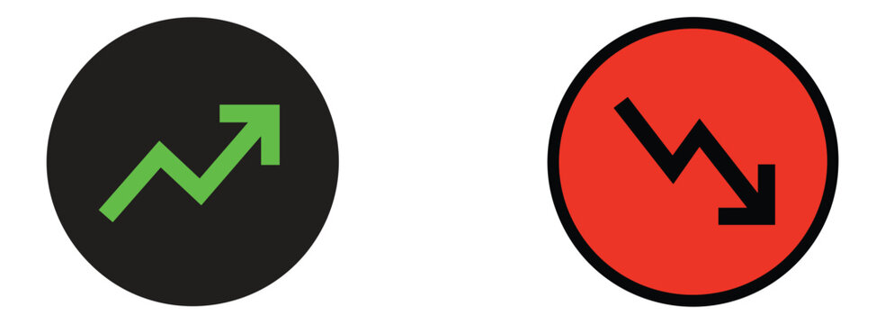 Up and Down Trend Icons: A visual representation of market trends with a green upward arrow and a red downward arrow, symbolizing growth and decline, increase and decrease, profit and loss.