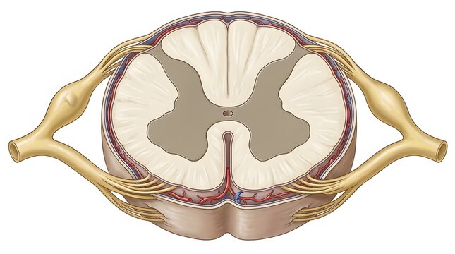human body Cross section of the human spinal cord showing gray matter white matter and nerve roots