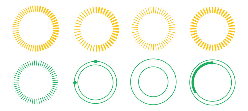 Circular Progress Indicators: A collection of stylized circular progress indicators in yellow and green, showcasing various stages of completion and loading. Representing loading bars.