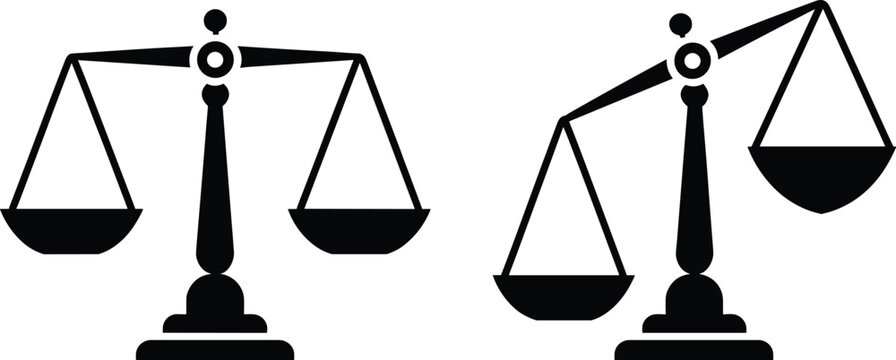 Scales of Justice: Two weighing scales, one balanced and one tilted, represent the concept of justice, fairness, and legal judgment in a symbolic black and white graphic.