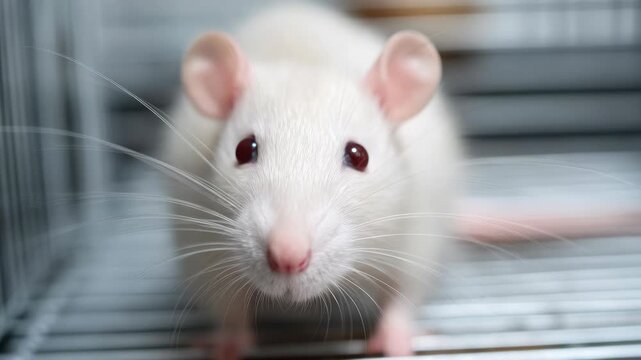 White rat stares directly at camera. Soft fur, pink nose, long whiskers. Tiny paws rest on metal bars. Background blurred, cage wires visible. Calming, curious expression