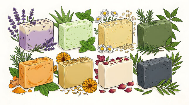 Set of Natural Handmade Soap Bars with Organic Herbs and Flowers Illustration