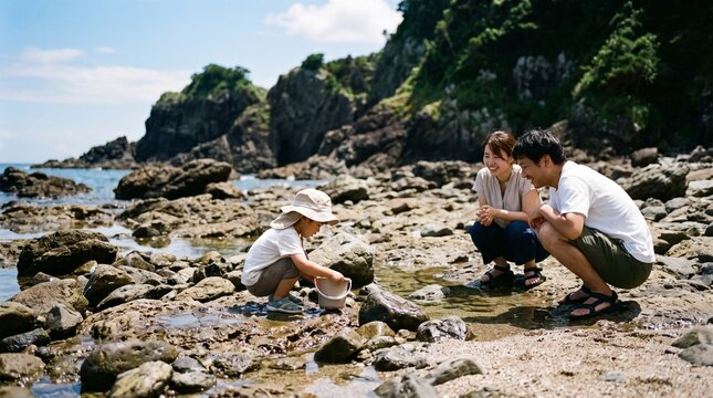 Family explores tidal pools on a rocky beach together outdoors
