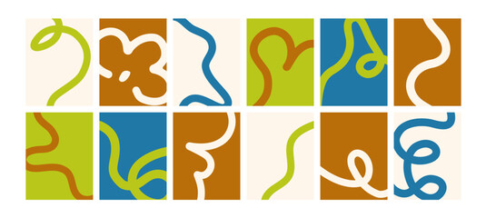 Fototapeta na wymiar Modern style abstract poster designs with hand-drawn fluid line shapes. Creative cards, wall art backgrounds with organic curvy strokes, curves and squiggles pattern. Flat vector illustrations