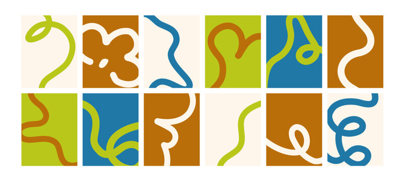 Modern style abstract poster designs with hand-drawn fluid line shapes. Creative cards, wall art backgrounds with organic curvy strokes, curves and squiggles pattern. Flat vector illustrations