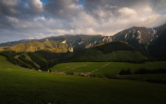Wide view of the Belianske Tatras in Slovakia with green alpine meadows, forested slopes, rocky mountains and dramatic clouds in soft light.