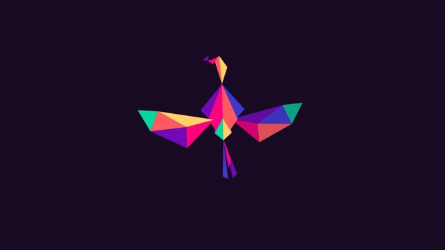 Geometric colorful phoenix bird graphic on solid dark background