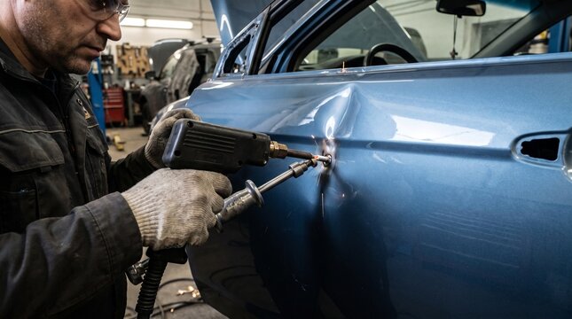 Skilled auto body technician in safety glasses and gloves using specialized tools to repair a dent on a blue car door in a professional garage. Sparks fly during the precise dent pulling process.