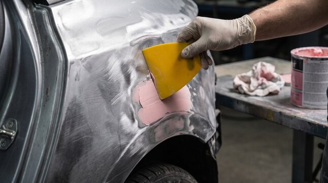 Close-up of a mechanic's hand applying pink car body filler to a damaged vehicle panel with a spreader. Essential for auto body repair, dent removal, and painting preparation.