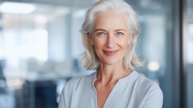 Confident woman with silver hair smiles softly. She wears a light-toned blouse in a modern office. Background shows blurred glass partitions and desks. Her expression conveys warmth