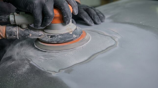 Professional auto body technician sanding a car panel with a power sander, meticulously preparing the surface for a smooth paint finish in a workshop setting.