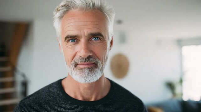 A man with grey hair and a beard smiling for the camera indoors.
