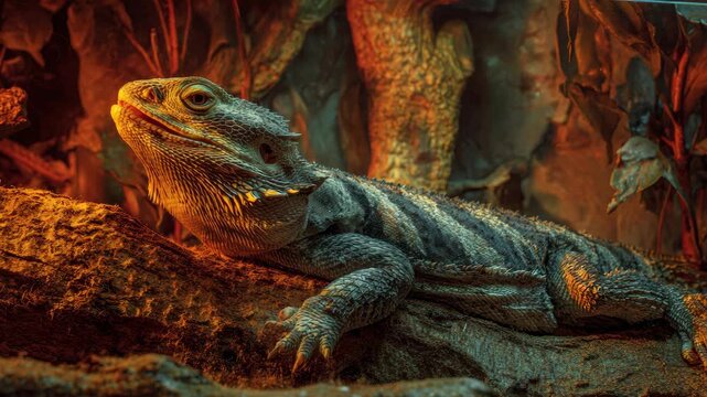 Bearded dragon rests on textured log. Warm light casts amber glow. Scaly skin reflects subtle hues. Rocks and leaves form natural backdrop. Dramatic lighting enhances rugged features