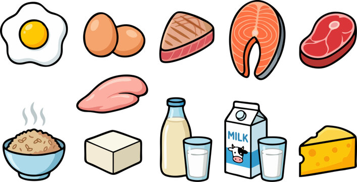 High Protein Food Sources Cartoon Icon Set &ndash; Eggs, Salmon, Chicken, Beef, Milk, Tofu, Cheese and Rice Illustration for Healthy Diet