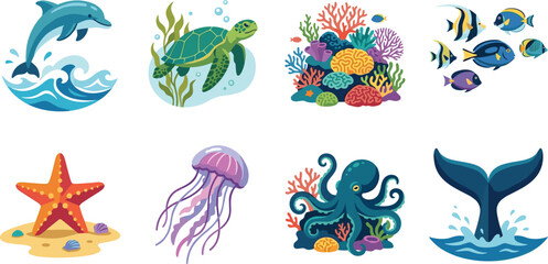 Obraz premium Marine Life Vector Icon Set Featuring Dolphin Sea Turtle Coral Reef Tropical Fish Jellyfish Octopus Starfish and Whale Tail