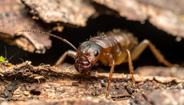 Detailed Macro View of an Earwig Exploring a Dark Wooden Crevice