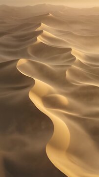 Sculptural sand dunes with smooth flowing curves glow under golden sunrise as fine sand drifts across elegant ridges, creating tranquil minimalist landscape with generous copy space.