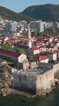 Aerial view of budva old town and marina in montenegro