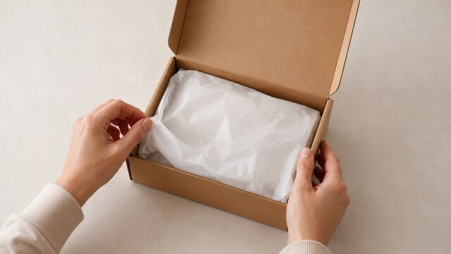 Hands opening empty cardboard box with white tissue paper inside on a table, e-commerce unboxing moment.