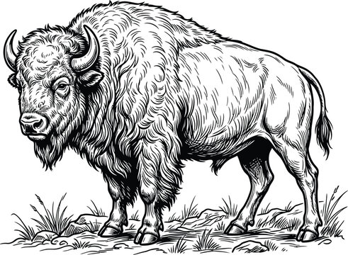 black and white illustration of a bison