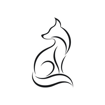 Minimalist fox line drawing design concept for simple logo emblem with elegant tail curvature and stylized pointed ear artistic silhouette.
