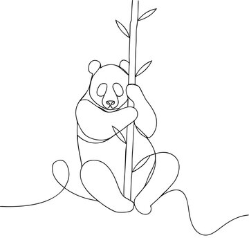 Continuous line art of cute panda bear holding bamboo stalk sitting on ground simple hand drawn sketch style isolated graphic design.