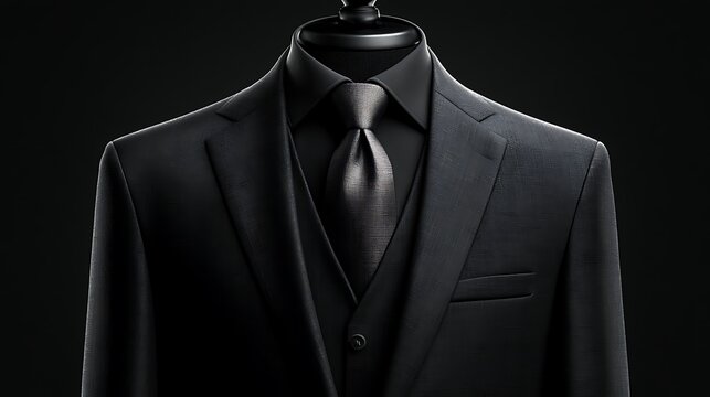 A sophisticated black three-piece suit on a mannequin. Elegant formal attire for professional business or event.