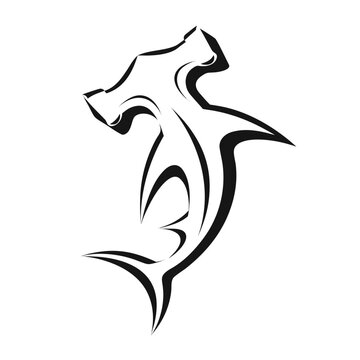 Hammerhead shark tribal tattoo style art, black outline ocean predator, unique stylized marine animal emblem or mascot.