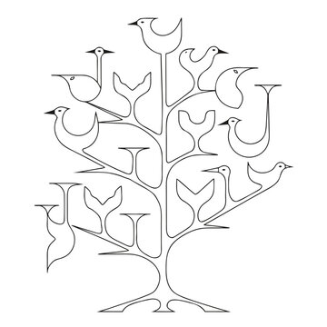 Tree with many birds perched on branches, minimalist line art, nature inspired design, elegant avian display, peaceful scene.