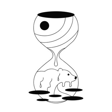Climate change hourglass with melting polar bear and earth globe, global warming concept, time running out.