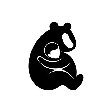 Stylized black panda bear and cub silhouette, loving embrace of mother and child, adorable family moment.