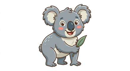 Naklejka premium Cute Cartoon Koala Holding a Eucalyptus Leaf Vector Illustration Isolated on White Background