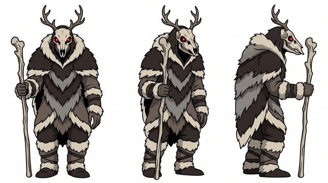 Flat vector character design turnaround sheet of a creepy tribal shaman wearing a deer skull mask and fur cloak, perfect for Halloween concept art