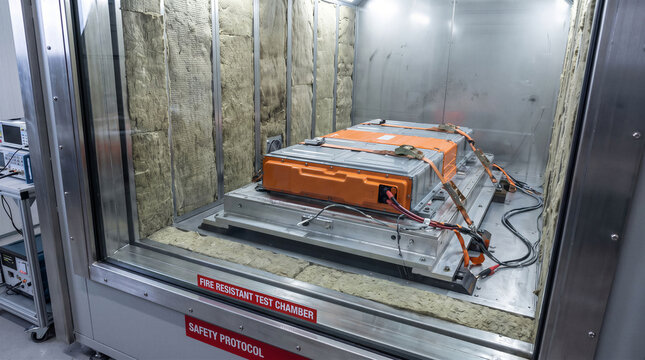 Ev battery fire safety chamber testing industrial protection and energy storage reliability concept showing secure technology and advanced fire resistant safety protocol system