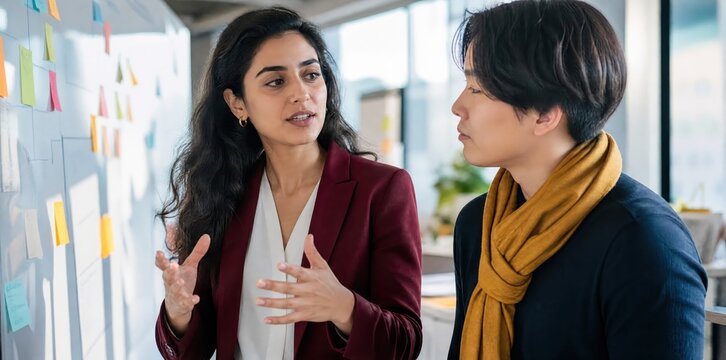 Generative AI, Diverse team discussing strategy at a sticky note board