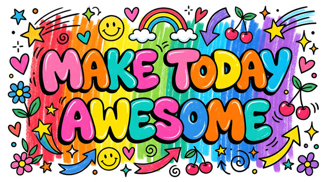 Make Today Awesome Colorful Doodle Typography with Rainbow Crayon Brush Strokes, Smiley Faces, Cherries, Hearts and Hand Drawn Decorative Elements on White Background