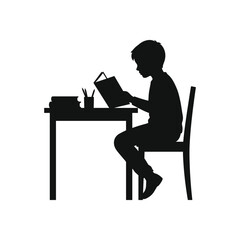 Fototapeta premium Silhouette child reading, kid sitting at desk, student learning, education icon isolated on White Background
