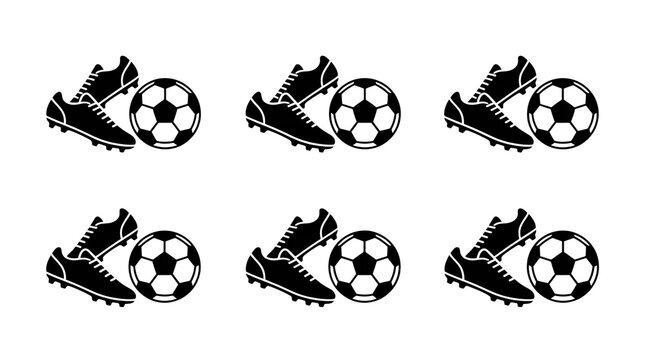Professional soccer cleats and traditional black and white round footballs arranged in a repeated pattern of six distinct black icons presented as a clean graphic design set on transparent background.