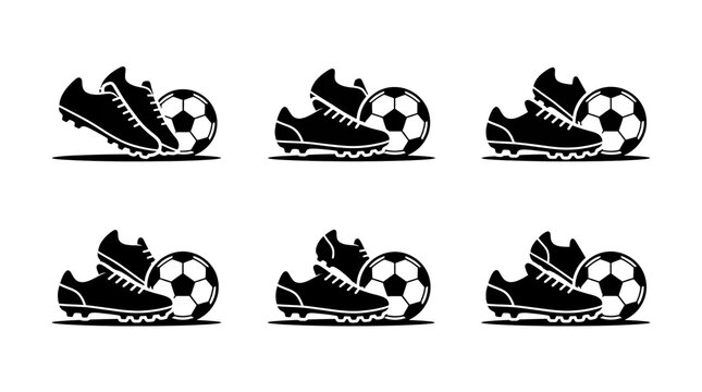 Black soccer icons featuring professional cleats and traditional balls with a running player silhouette and a goal net mesh pattern presented as a high quality vector collection on transparent backgro