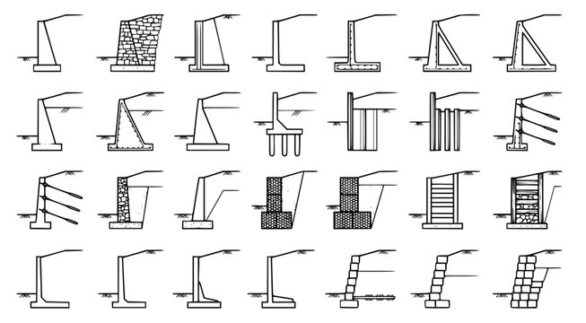 Retaining wall structural cross section diagrams in black and white line art showing various foundation types and earth stabilization techniques for civil engineering and construction projects