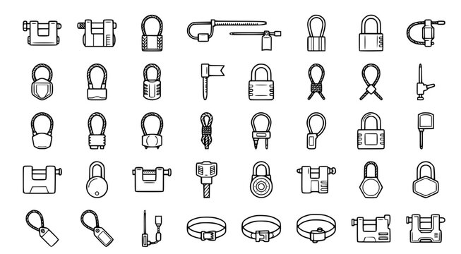 Comprehensive collection of industrial padlocks and security locking mechanisms in black and white line art for safety equipment and facility management documentation or security design