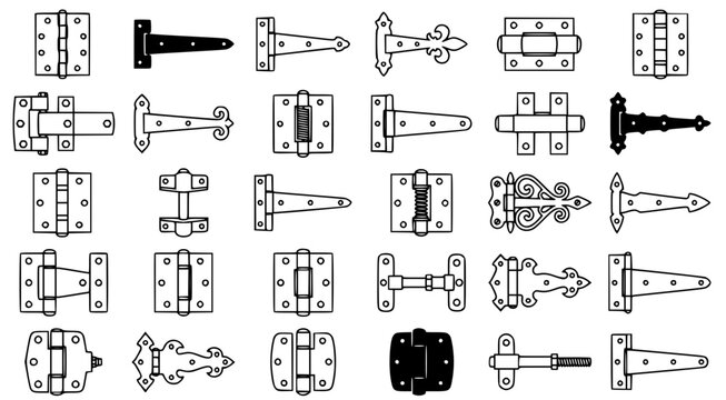 Various types of heavy duty door hinges and industrial mounting hardware designs in detailed black and white line art vector set for construction and furniture manufacturing