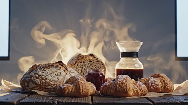 Flaming bread and croissants sizzle on a wooden table next to a coffee pour-over.