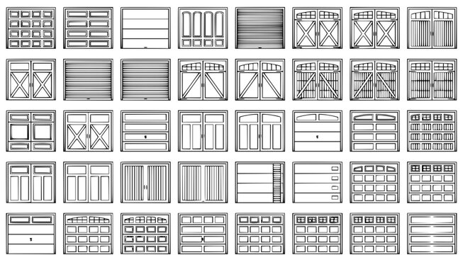 Large collection of residential garage door styles and designs featuring various panel configurations and window placements in clean black and white technical line art vector format