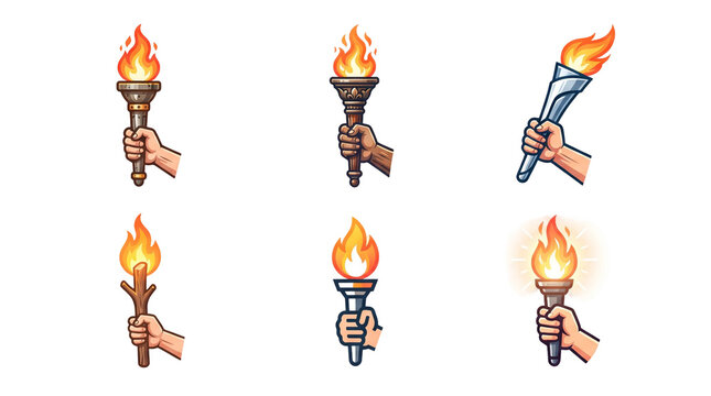 Six distinct human hands holding various lit flaming torches featuring detailed metal and wooden textures with vibrant orange fire flames in a collection of artistic graphic design elements on transpa