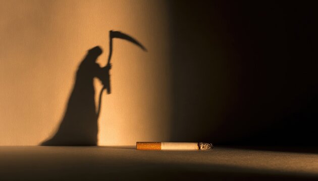 Cigarette casting shadow of grim reaper figure, death lurking symbolism, ominous presence, shadow puppet metaphor, mortality constant companion