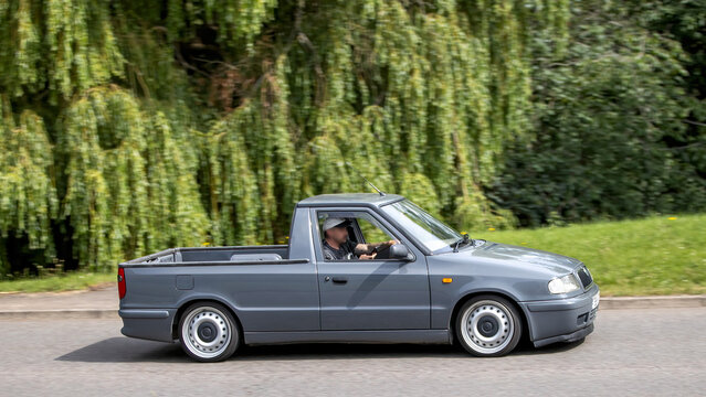 Milton Keynes,Bucks,UK - June 21st 2026: 1999 Skoda Felicia pickup truck driving on a British road
