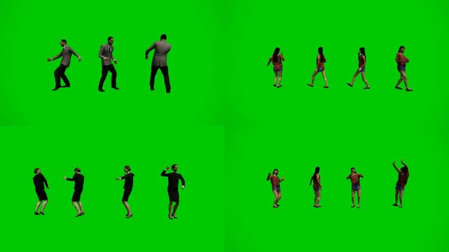 3d animated cartoon animation energetic people in dynamic poses on green screen chromakey background. Animated characters performing lively movements creating vibrant crowd energy ideal for celebratio