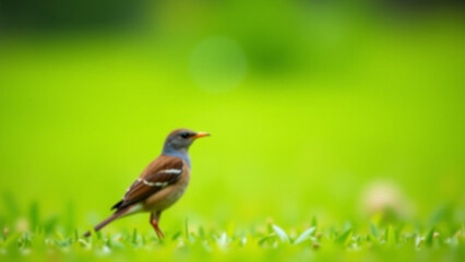 Fototapeta premium Mistle thrush bird standing iteration on green grass ar beautiful modern house creative design style